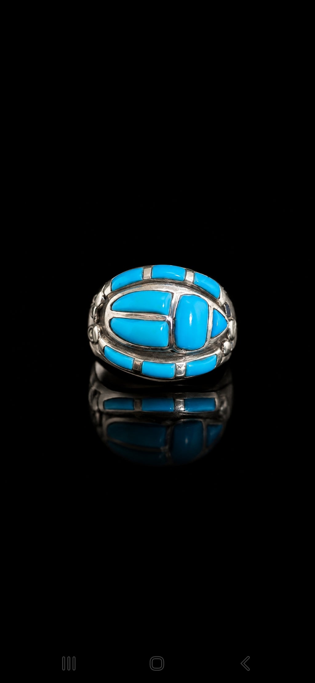 Turquoise Scarab Sterling Silver Ring, with Lapis Lazuli and Red Sea Coral.