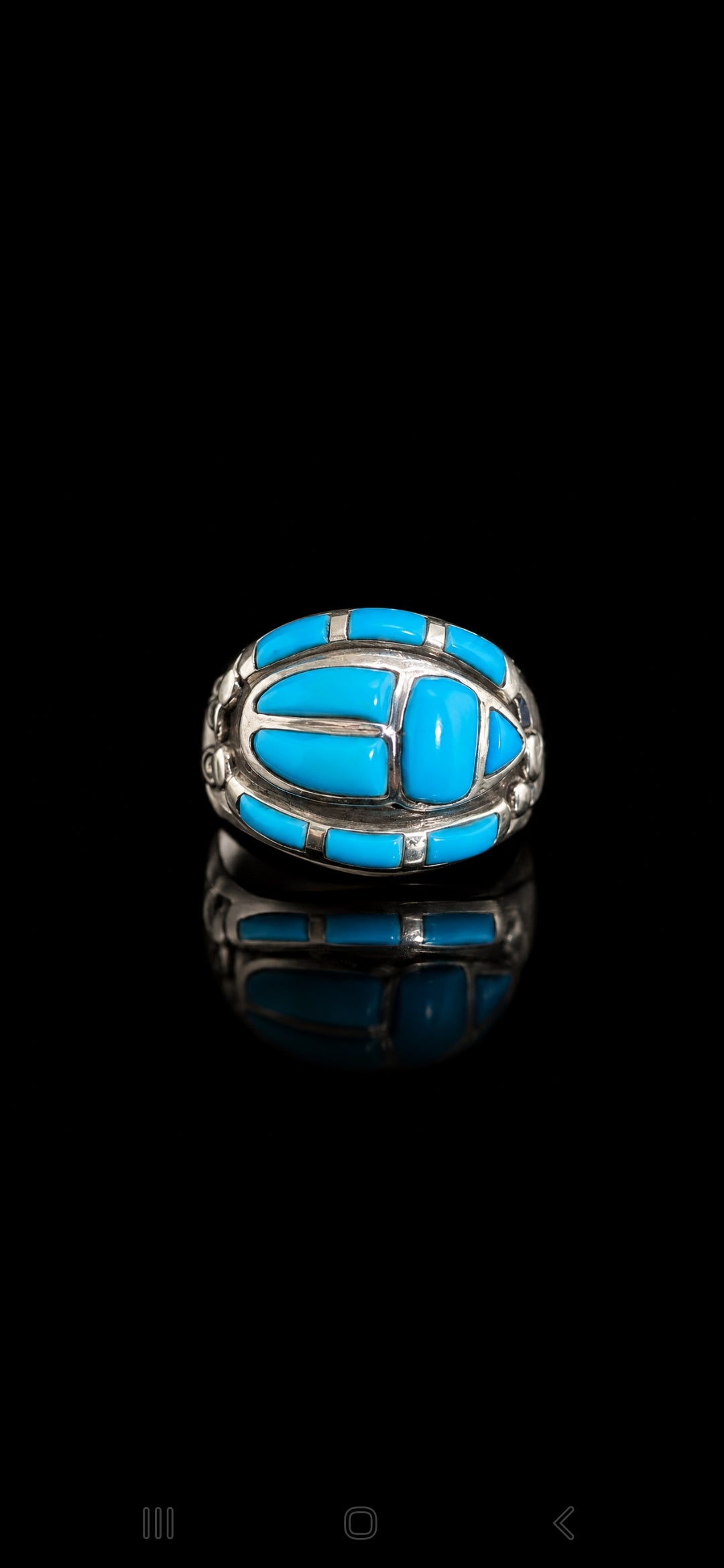 Turquoise Scarab Sterling Silver Ring, with Lapis Lazuli and Red Sea Coral.