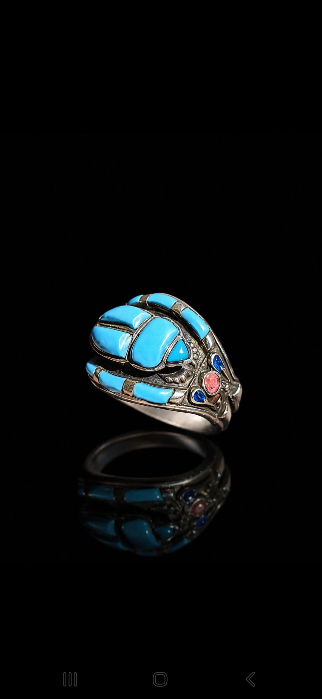 Turquoise Scarab Sterling Silver Ring, with Lapis Lazuli and Red Sea Coral.