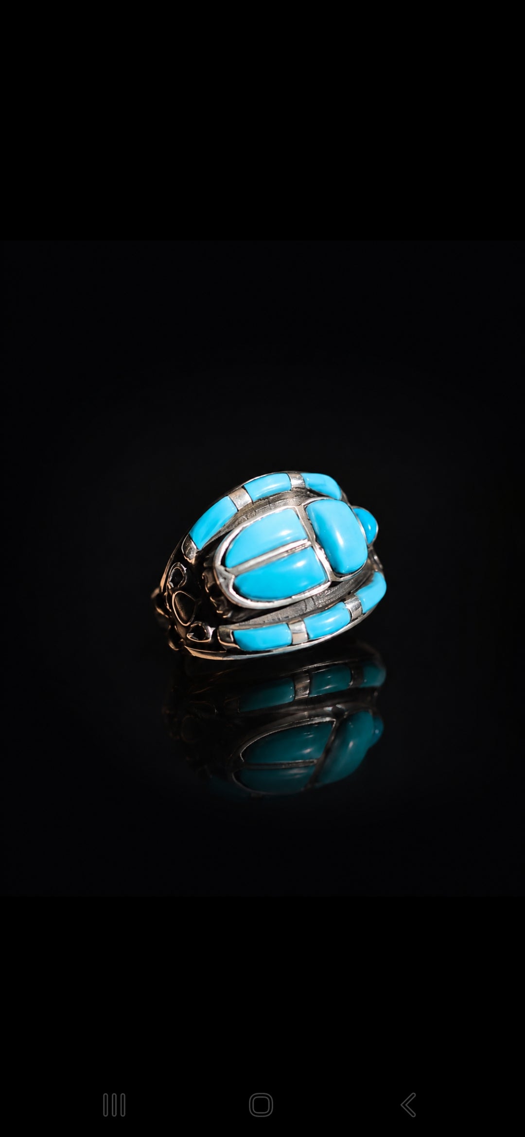 Turquoise Scarab Sterling Silver Ring, with Lapis Lazuli and Red Sea Coral.